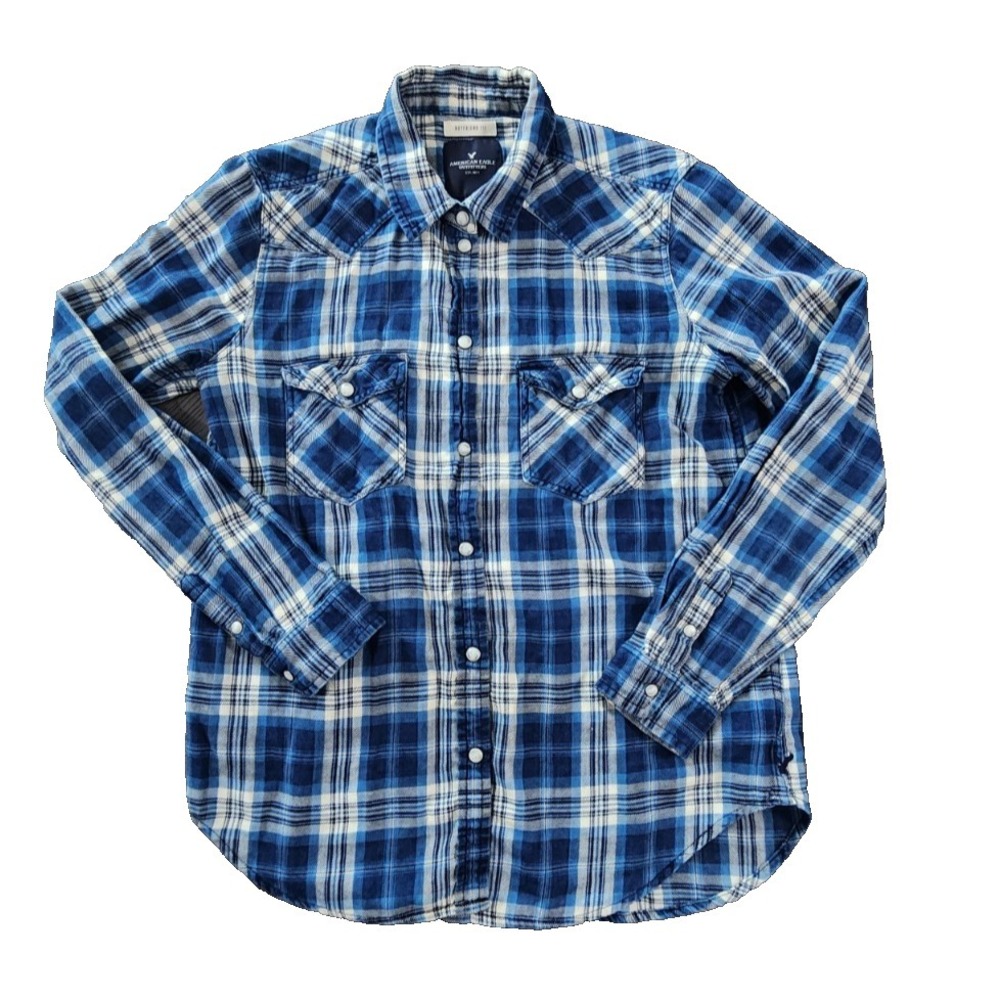 American Eagle Blue Plaid Flannel Shirt Mens Small Boyfriend Fit Western Snap